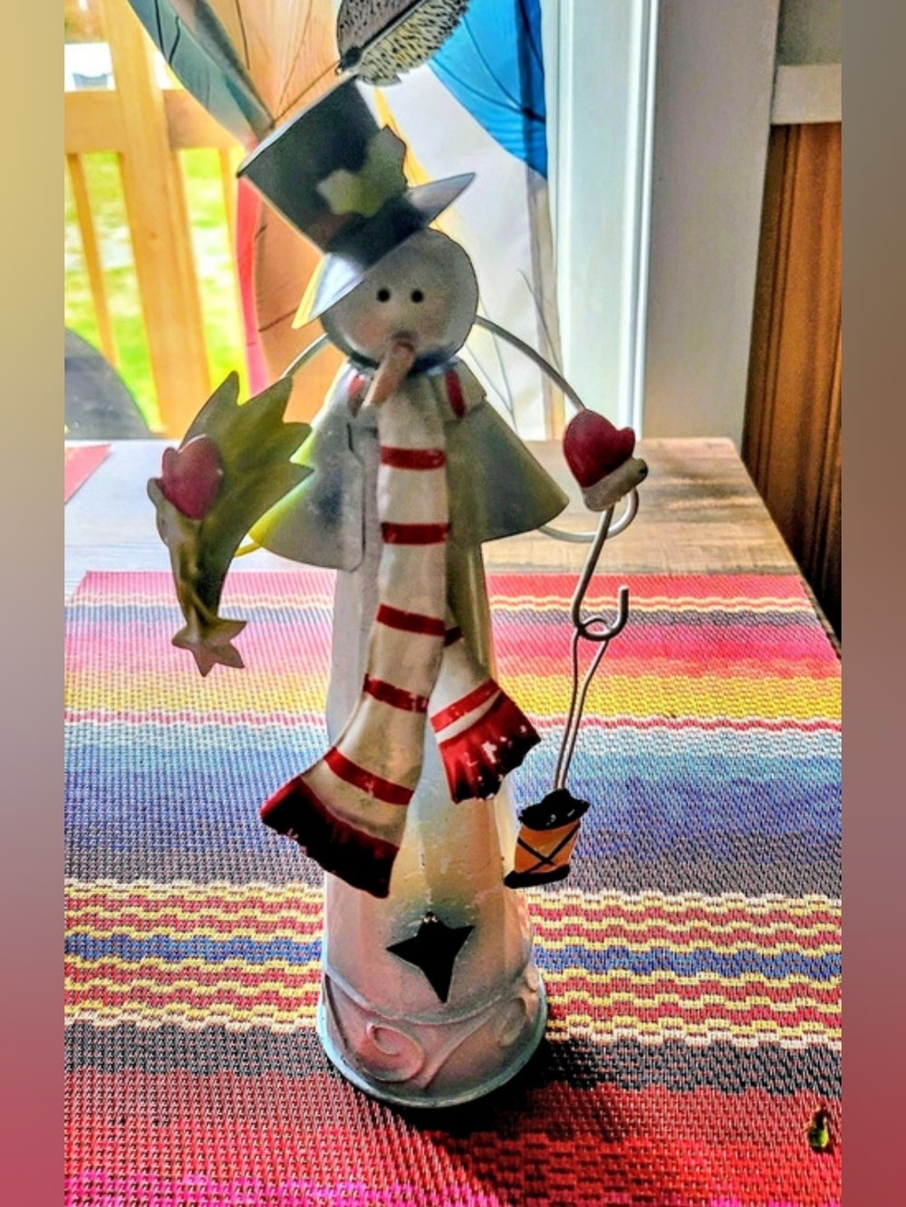 Holiday Snowman Metal Figurine in White,  Blue & Red.